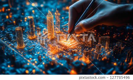 An architect brings architectural designs to life with 3D holographic construction models. The concept of innovation in architecture and futuristic design. Generative Ai. 127785496