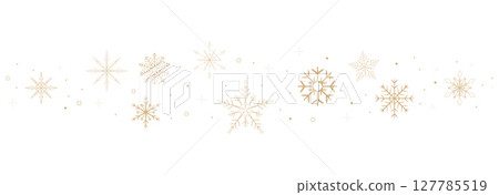Gold snowflake wave border. Snow golden holiday winter background. Falling snow, garland, star ornament. Flake design element, decoration. 127785519