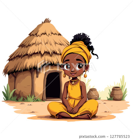 Vsai young african girl sitting near traditional hut wearing yellow dress 127785523