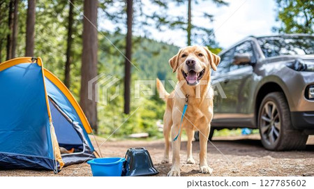 與拉布拉多獵犬在自然露營地放鬆的戶外體驗 127785602