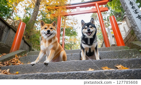 A stroll through a shrine watched over by two Shiba Inu dogs sitting on the path to the shrine surrounded by autumn leaves 127785608