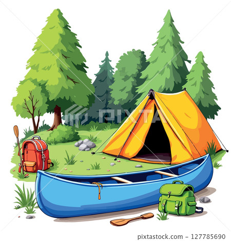 Vsai camping tent and canoe in a forest setting with backpacks and paddles Vsai camping tent and canoe in a forest setting with backpacks and paddles 127785690