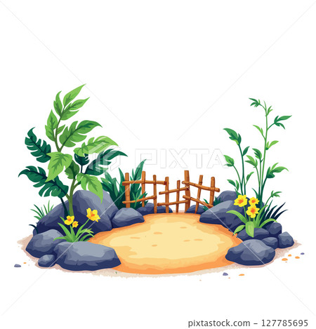 Vsai tropical plants and bamboo growing around empty sand patch with wooden fence Vsai tropical plants and bamboo growing around empty sand patch with wooden fence 127785695