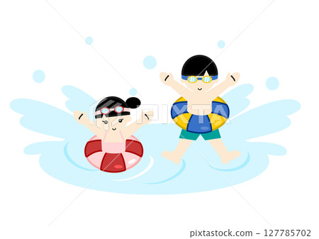 Illustration of cute Asian children playing in water with swim rings 127785702