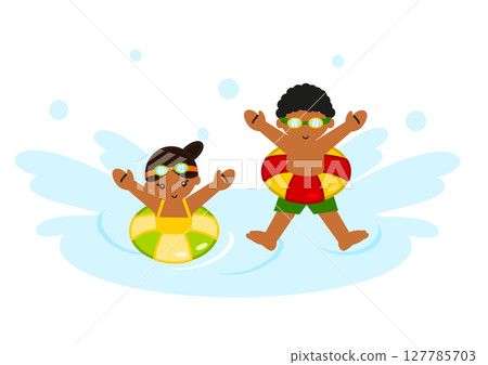 Illustration of cute black children playing in water with swim rings 127785703
