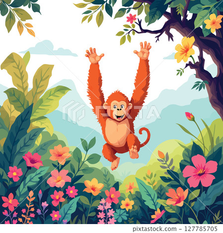 Vsai playful orangutan swinging in lush jungle habitat Vsai playful orangutan swinging in lush jungle habitat 127785705