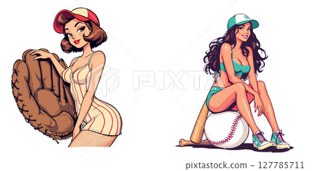 Vsai two pin up girls posing with baseball equipment, glove and bat Vsai two pin up girls posing with baseball equipment, glove and bat 127785711