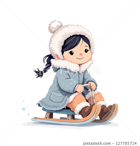 Vsai happy child sliding downhill on wooden sled in winter wonderland 127785724
