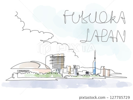 Fukuoka City Momochi Seaside scenery, one-stroke painting and watercolor 127785729