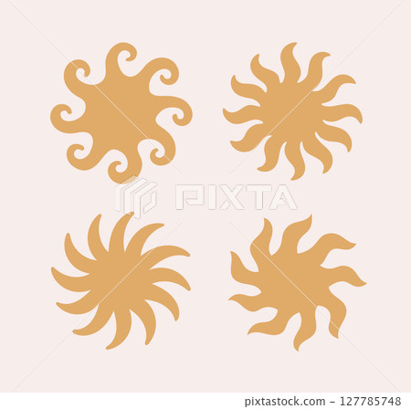 Bold bohemian sun abstract shapes with curly rays. Cute boho star, sunburs vector shapes for design. Bold bohemian sun abstract shapes with curly rays. Cute boho star, sunburs vector shapes for design. 127785748