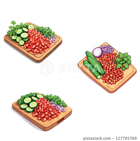 Vsai chopped vegetables and herbs resting on wooden cutting boards 127785769