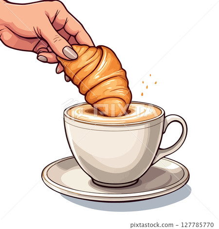 Vsai woman dipping freshly baked croissant into cappuccino for delicious breakfast 127785770