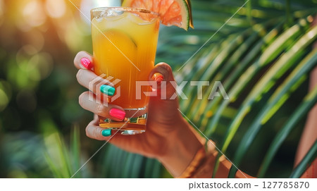 Close-up of hands with bright summer nails holding a colorful drink with fruit and a tiny umbrella. 127785870