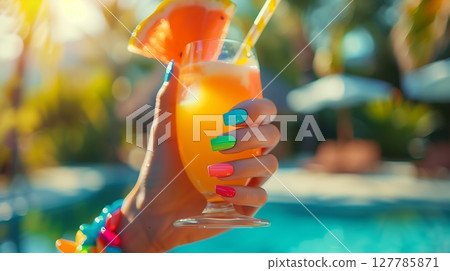 Colorful nails clutch a tropical drink, radiating warmth and joy for a sunny getaway. Colorful nails clutch a tropical drink, radiating warmth and joy for a sunny getaway. 127785871