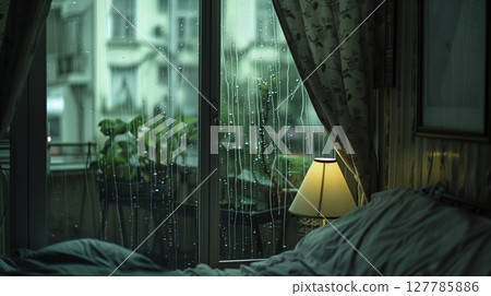 Raindrops trickle down the glass, blurring the view and inviting reflection on a calm afternoon. 127785886