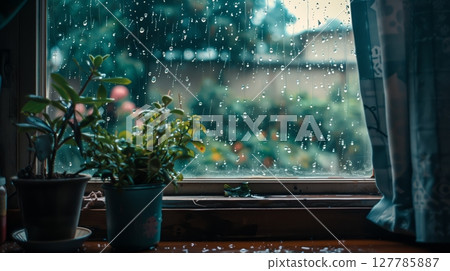 Raindrops cascade on the window, creating cozy patterns and a reflective, gloomy atmosphere. 127785887