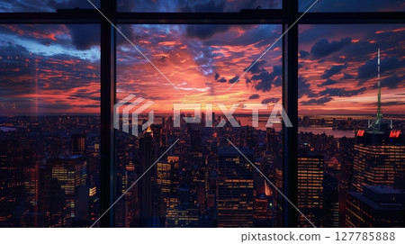 As the sun set, I admired the twinkling city lights from the skyscraper window. 127785888