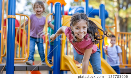 Children play joyfully on a vibrant summer playground, laughter filling the air and creating lasting memories. 127785906