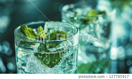 Beat the heat this summer with refreshing ice and mint-infused drinks for a flavorful boost! 127785917