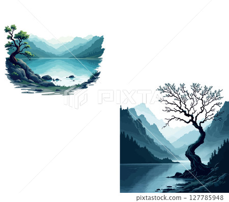 Vsai serene lake scenery with lush and barren trees in misty mountains 127785948