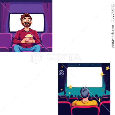 Vsai men watching movies in cinema or at home, eating popcorn and having fun 127785949