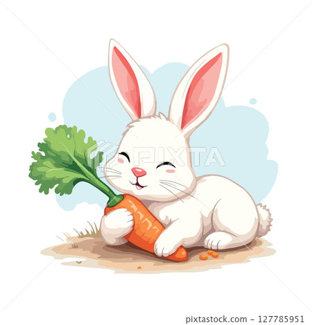 Vsai happy white easter bunny hugging a big carrot 127785951