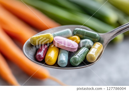 Colorful Capsules on Spoon with Fresh Vegetables in Background Colorful Capsules on Spoon with Fresh Vegetables in Background 127786004