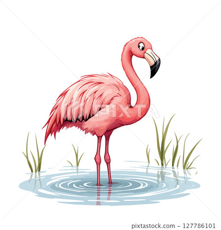 Vsai pink flamingo standing in water with grass around 127786101