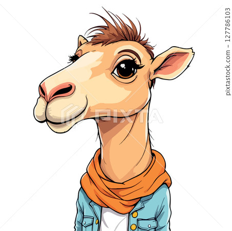 Vsai stylish camel wearing a denim jacket and scarf 127786103