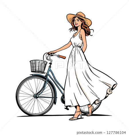 Vsai elegant woman walking with her vintage bicycle on summer day 127786104
