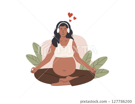 Pregnant woman meditating in lotus position while listening to music with headphones. Practicing hypnobirthing for calm and mindful childbirth. Flat Vector Illustration isolated on white background. Pregnant woman meditating in lotus position while listening to music with headphones. Practicing hypnobirthing for calm and mindful childbirth. Flat Vector Illustration isolated on white background. 127786200