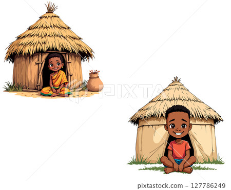Vsai two african children sitting outside traditional huts 127786249