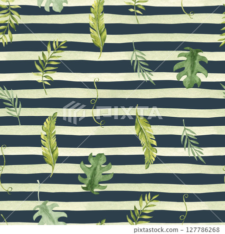 Watercolor Tropical Leaves Seamless Pattern on a dark blue background with green stripes. Palm, Eucalyptus and Monstera with Liana, horizontal Brush Strokes or Lines. For packaging paper and textile 127786268