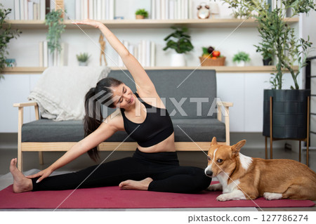 Yoga Stretching with Pet. Woman practicing yoga beside her corgi dog at home. Yoga Stretching with Pet. Woman practicing yoga beside her corgi dog at home. 127786274