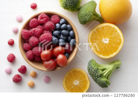 Fresh and Colorful Assortment of Fruits and Vegetables on White Plate Fresh and Colorful Assortment of Fruits and Vegetables on White Plate 127786280