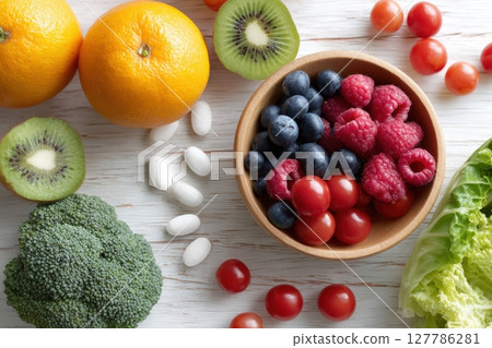 Fresh Fruits and Vegetables Arranged Beautifully on Wooden Table Fresh Fruits and Vegetables Arranged Beautifully on Wooden Table 127786281