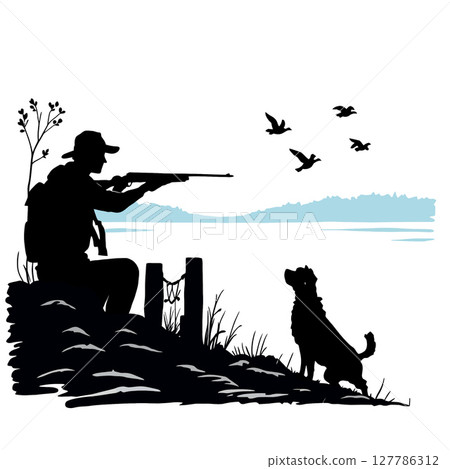 Vsai hunter aiming ducks with rifle near lake and dog watching birds 127786312