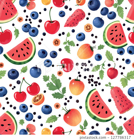 Vsai seamless pattern with appetizing blueberries, cherries, tomatoes, watermelon slices and herbs on white background 127786317