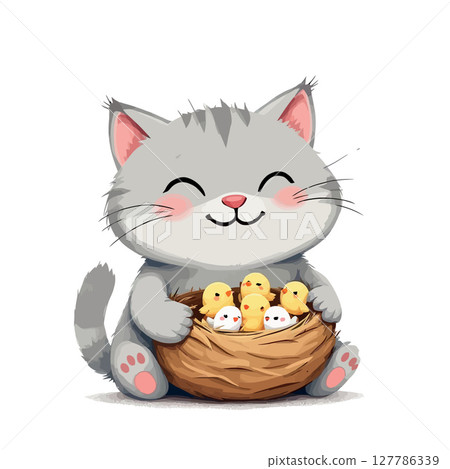 Vsai cute smiling cat holding nest with newborn chicks 127786339