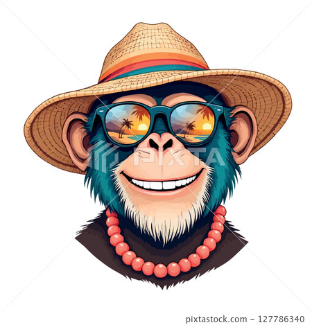 Vsai smiling chimpanzee wearing sunglasses, hat and necklace reflecting tropical beach sunset Vsai smiling chimpanzee wearing sunglasses, hat and necklace reflecting tropical beach sunset 127786340