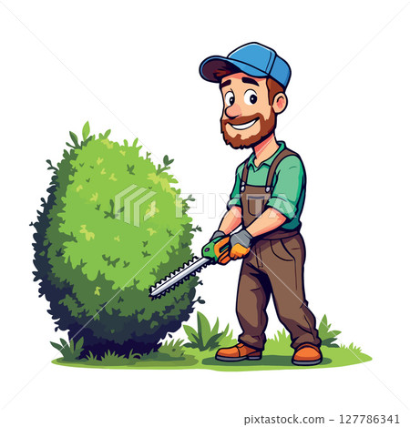 Vsai gardener trimming hedge with electric hedge trimmer in garden 127786341
