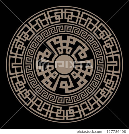 Decorative golden Greek round ornament pattern frame plate with pattern in center. Greek meander. Circle european border. Patterns of Greece, ancient Rome. Classic egyptian, assyrian, greek motives Decorative golden Greek round ornament pattern frame plate with pattern in center. Greek meander. Circle european border. Patterns of Greece, ancient Rome. Classic egyptian, assyrian, greek motives 127786408