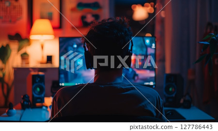 A gamer streams live, sharing skills and tips while engaging with an enthusiastic online community. 127786443