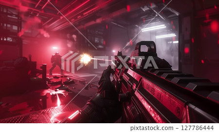 In a tense FPS moment, I stealthily navigate a dark room, heart racing, as sudden gunfire erupts! 127786444