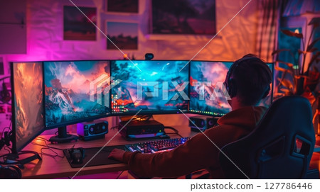 A passionate gamer sets up a high-end PC with vibrant monitors for immersive gameplay and streaming. 127786446