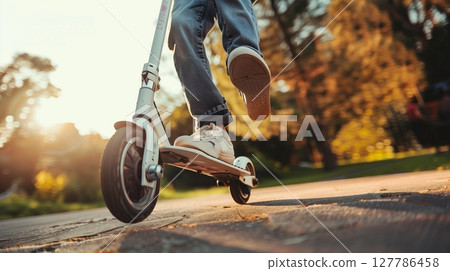 A teen boy soars through the air, showcasing his scooter skills against a vibrant backdrop. 127786458