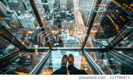 Glide down a glass floor elevator and enjoy breathtaking views of NYCs skyline and streets! 127786471
