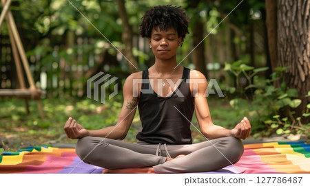 An LGBTQ+ person practices yoga outdoors, embracing peace, self-acceptance, and nature's beauty. 127786487
