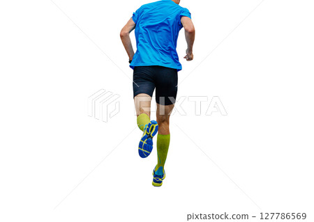 rear view male runner running marathon on compression socks isolated on white background rear view male runner running marathon on compression socks isolated on white background 127786569
