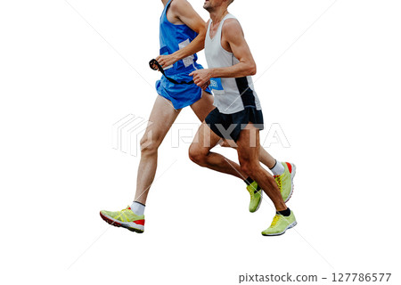 blind runner with his guide running marathon isolated on white background 127786577